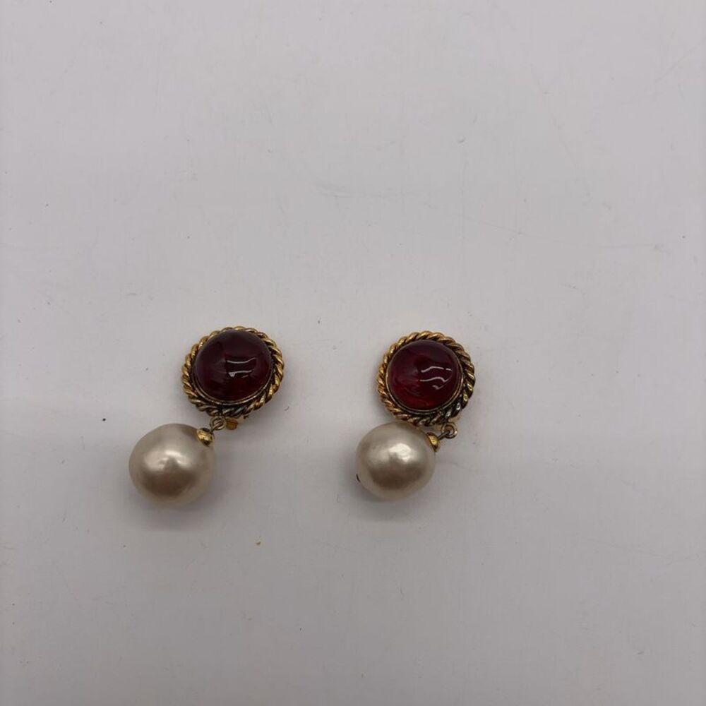 CHANEL Red Glass Faux Pearl Drop Earrings